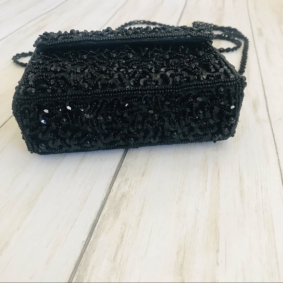 Black Sequined & Beaded Handbag with Long Beaded Strap - Picture 4 of 11